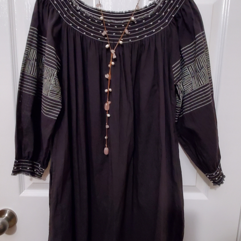 Black Gray Trim Minimalist Farmhouse Loose Cotton Dress by Velvet Womens Size S